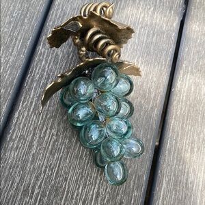 Vintage Blown Glass Green Tint Grape Cluster With Metal Leaves & Stem